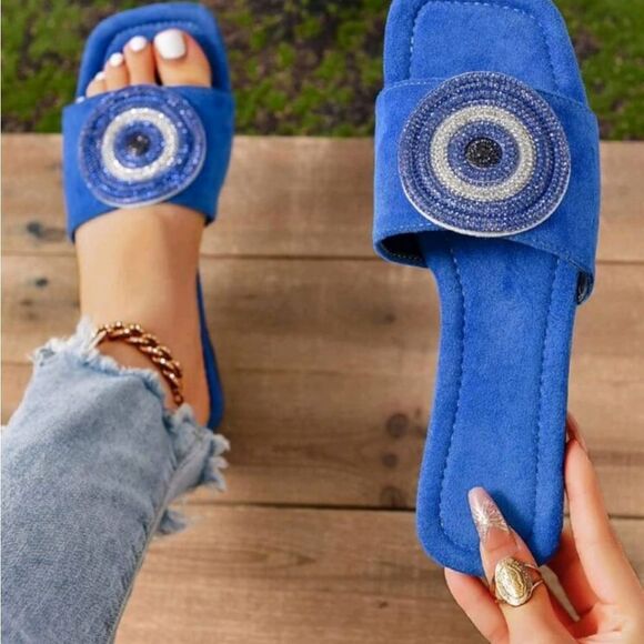 Blue Beaded Women's Slide Sandals - Picture 2 of 3